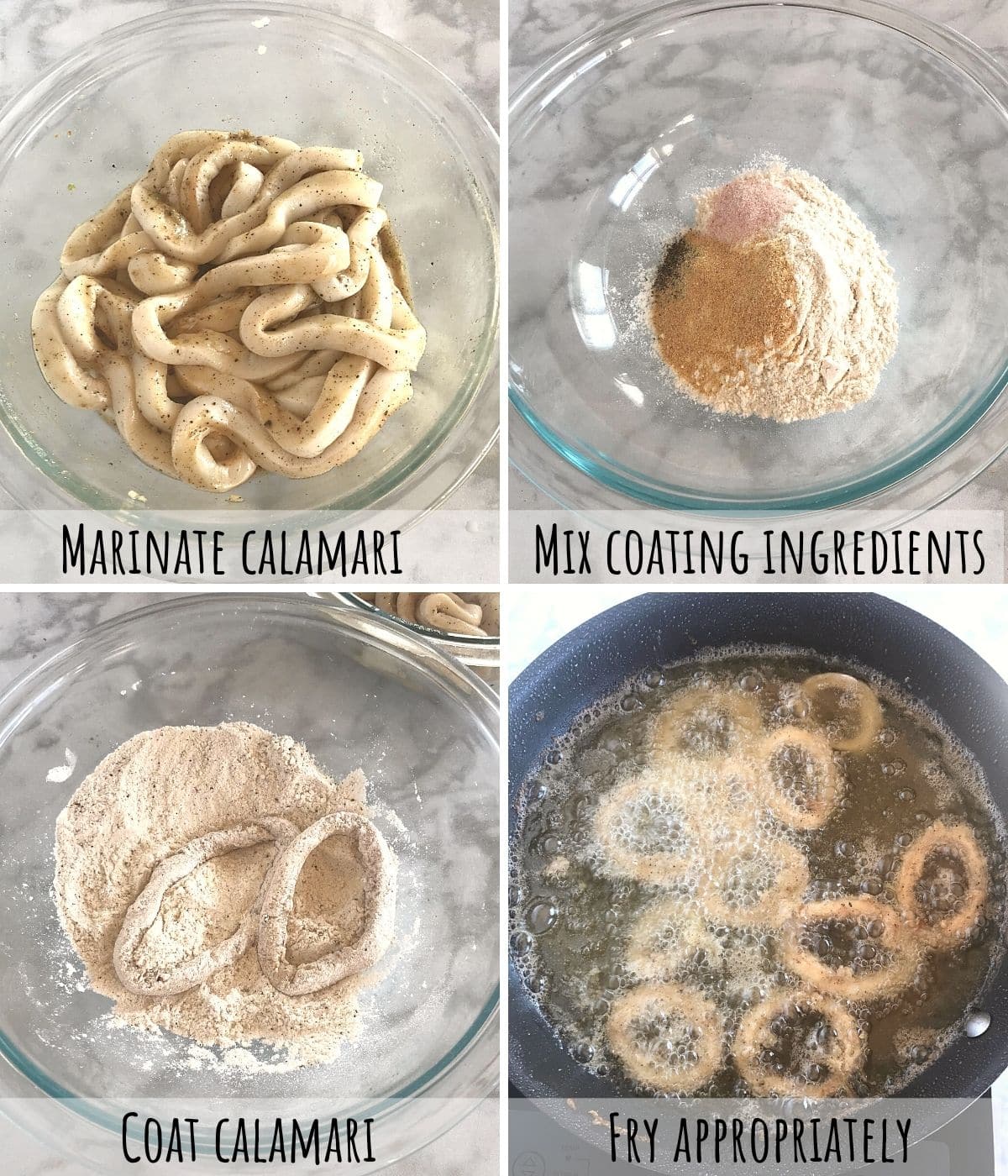 A collage of four images showing how to marinate and fry calamari.