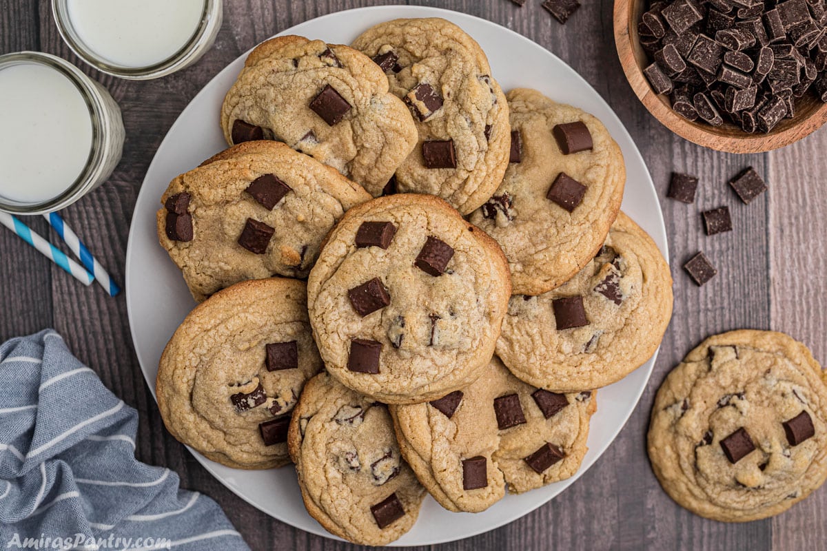 A top view of a platter with chunky chocolate chip cookies.