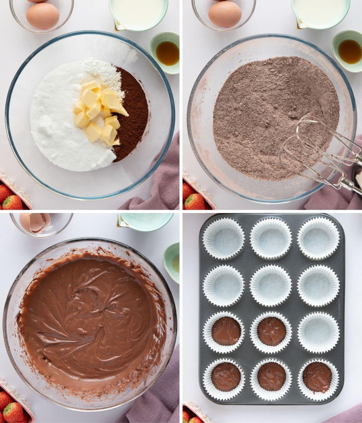 A collage of 4 images showing how to make chocolate cupcakes.