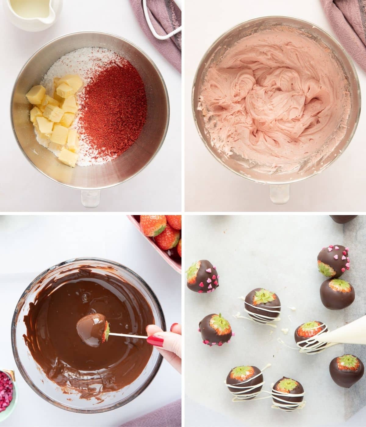 A collage of 4 images showing how to make strawberry buttercream frosting and chocolate covered strawberries.