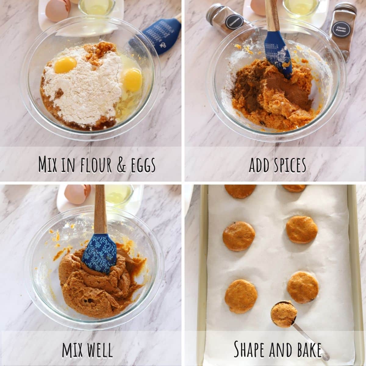 A collage of 4 images showing how to shape and bake sweet potato cookies.