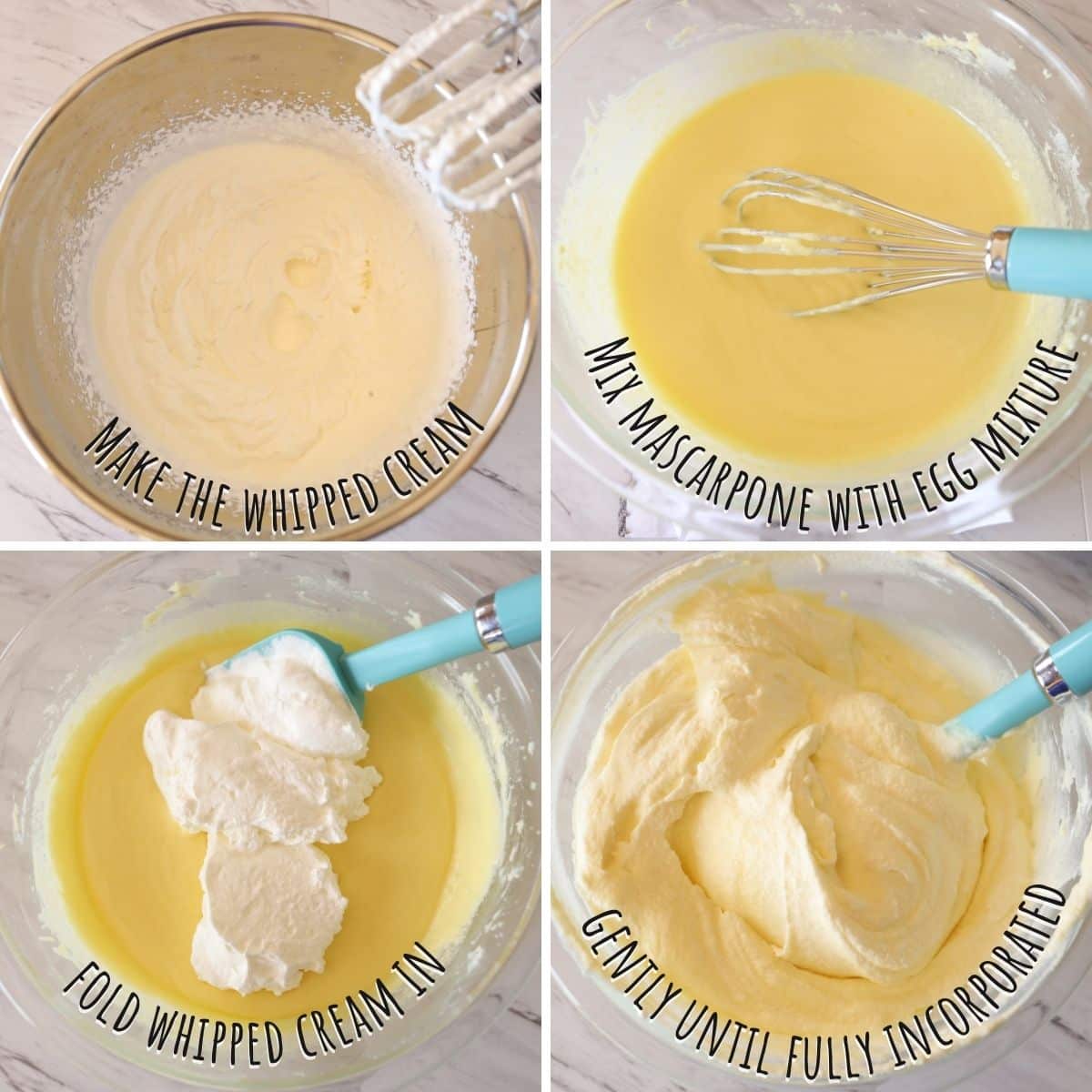 A collage of 4 images showing how to make custard for tiramisu.