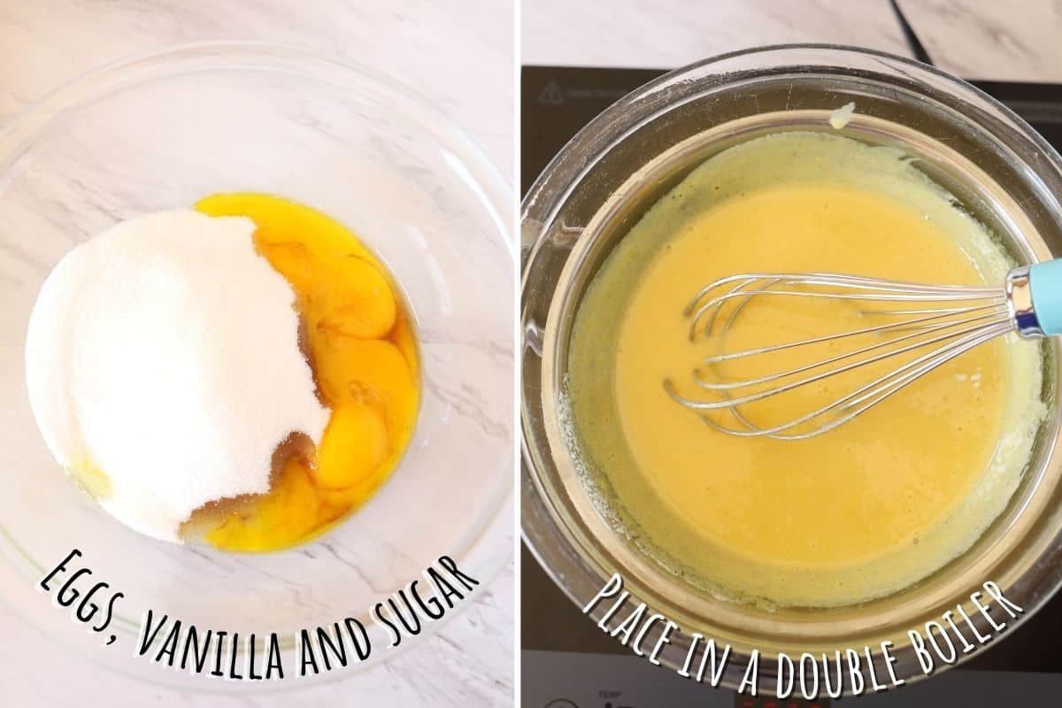 A collage of two images showing how to cook eggs for tiramisu.