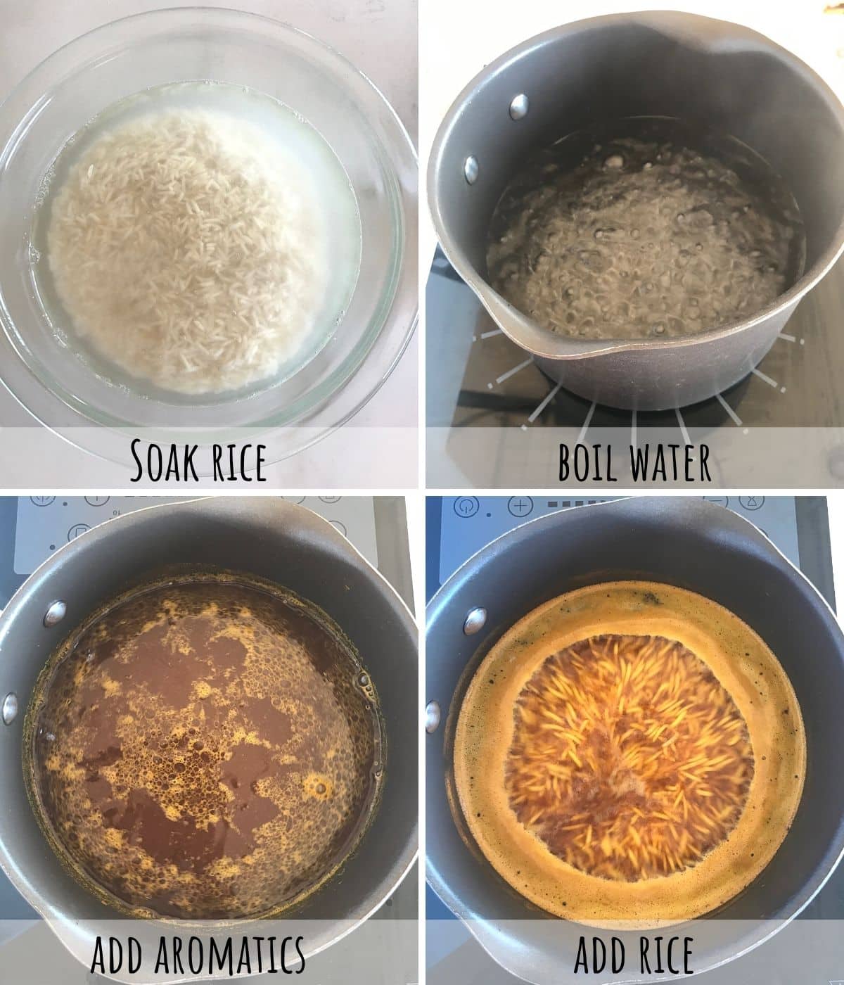 A collage of four images showing hoe to precook yellow rice.