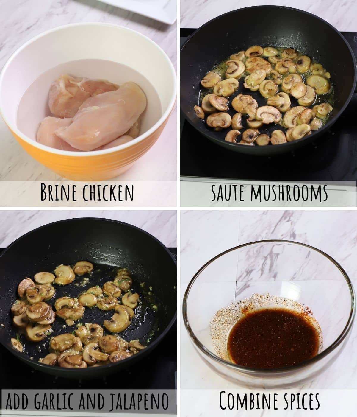 A collage of 4 images showing how to prepare mushroom to stuff chicken breast.