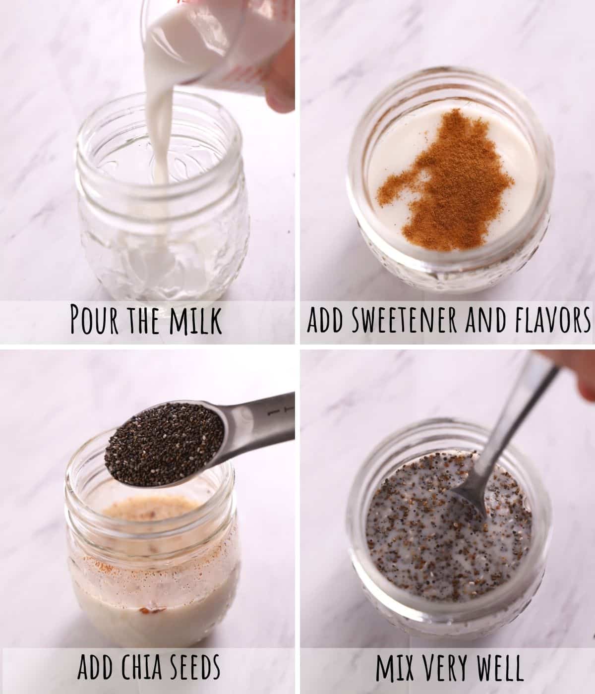 A collage of 4 images showing how to make chia pudding.