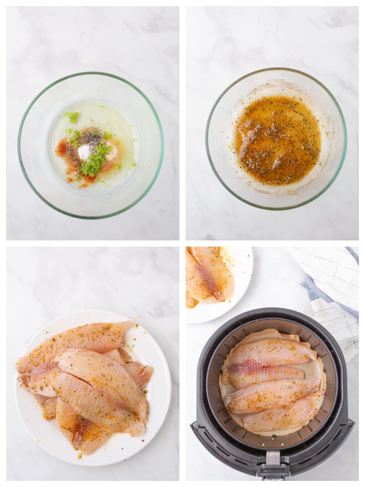 A collage of 4 images showing how to make tilapia in the air fryer.