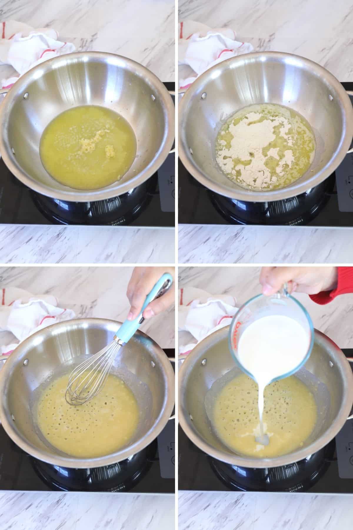 A collage of images showing how to make alfredo sauce.