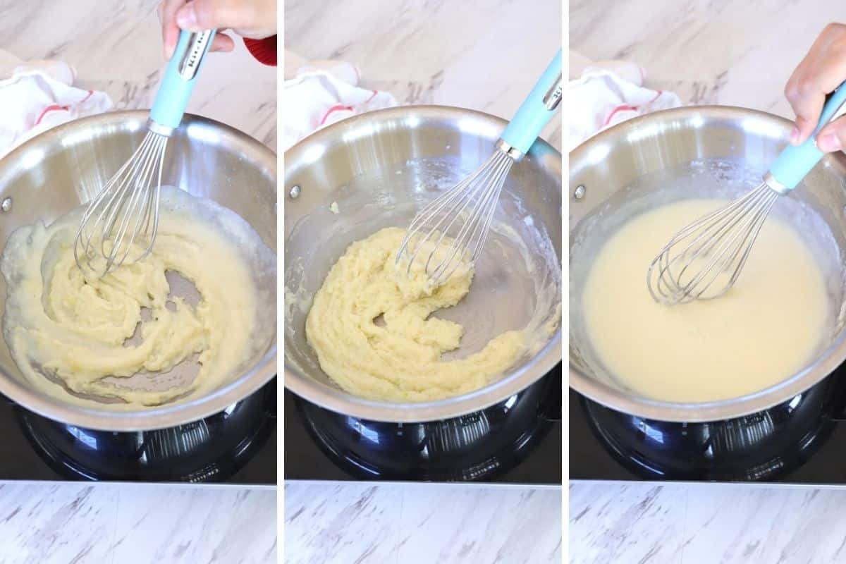 A collage showing the steps of making a roux.