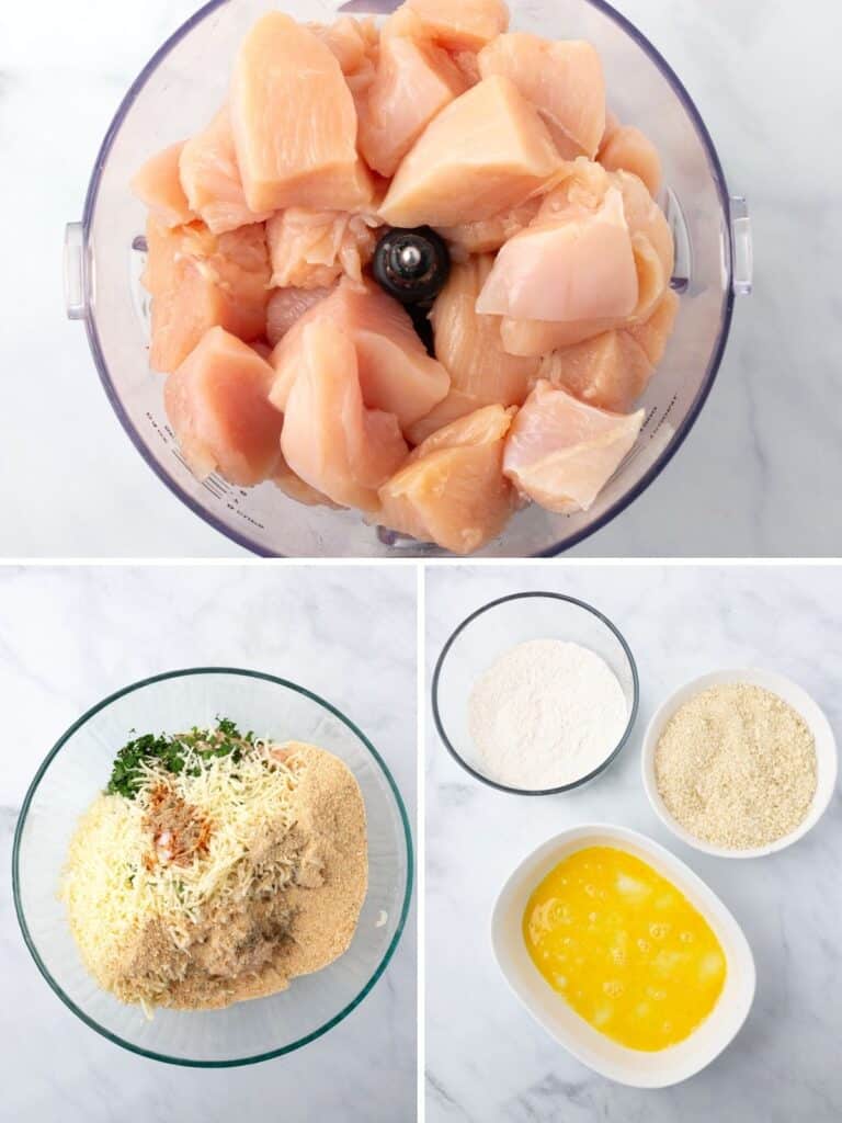A collage of three images showing how to make chicken patties mixture.