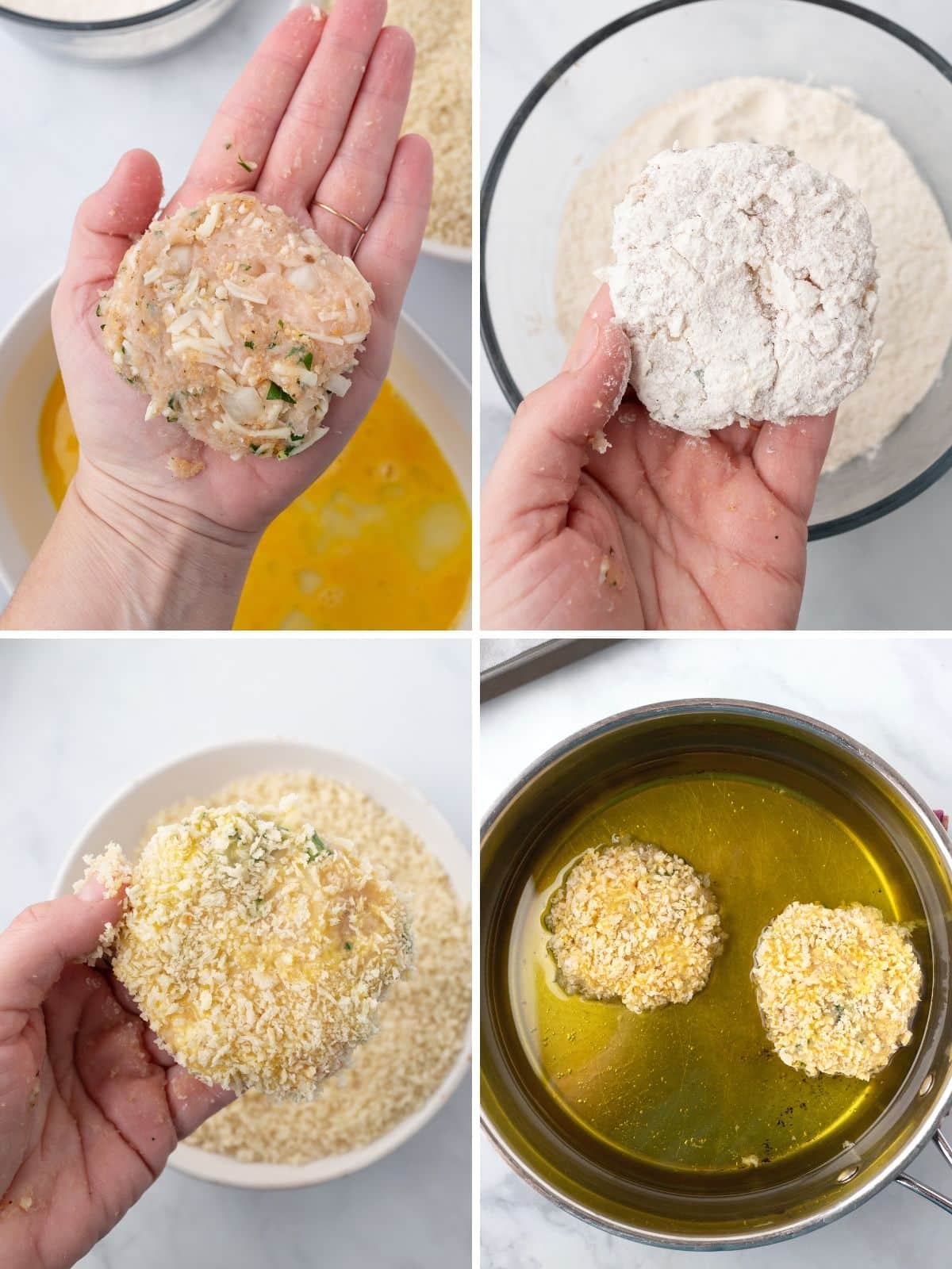 A collage of 4 images showing how to form and fry chicken patties.