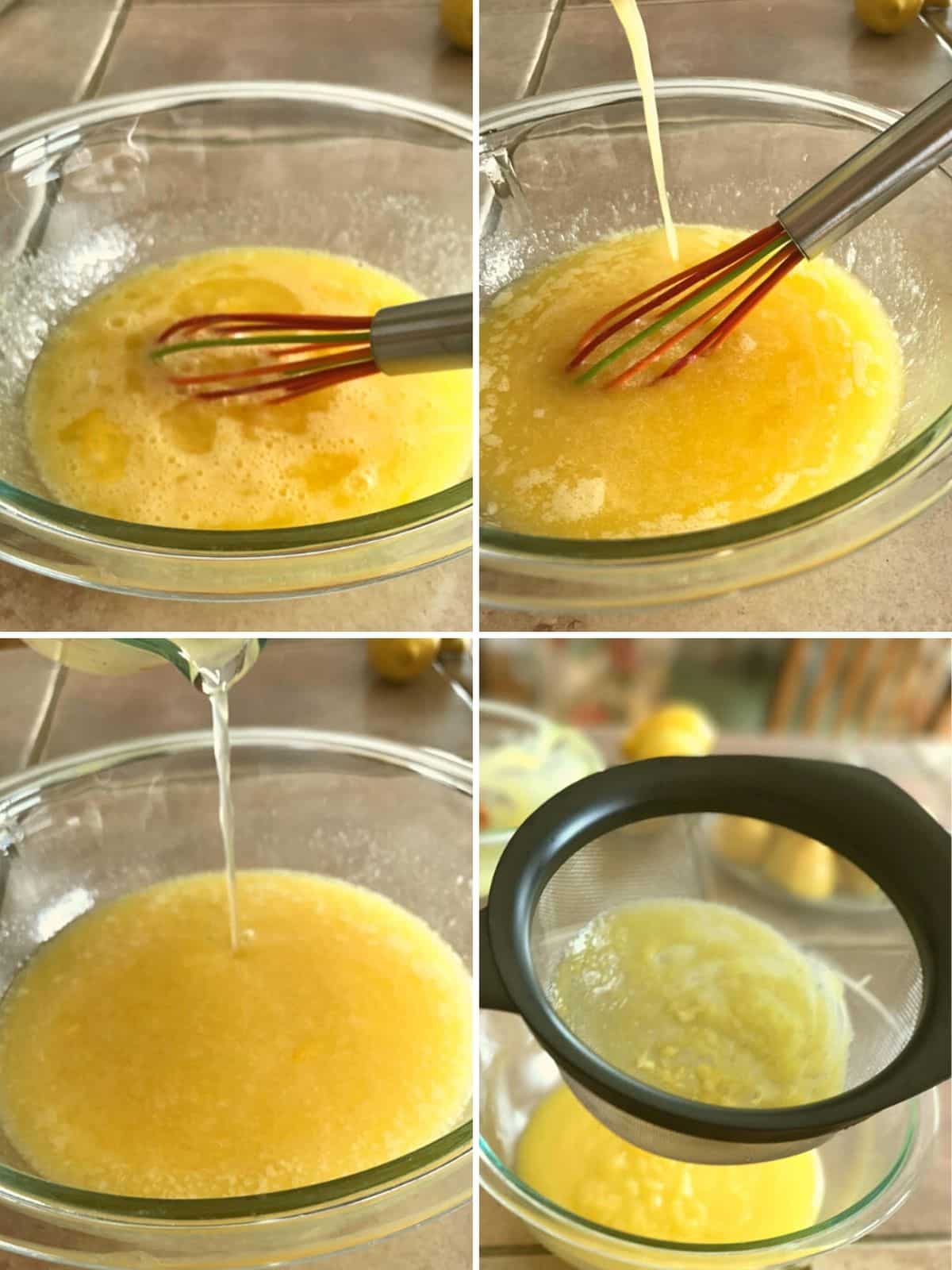 A collage of 4 imges showing how to make lemon curd in the microwave.