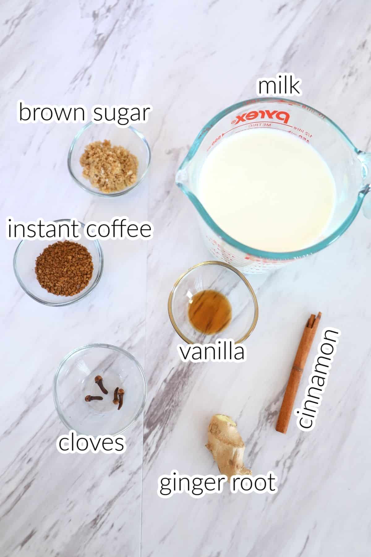 latte ingredients on a white surface.