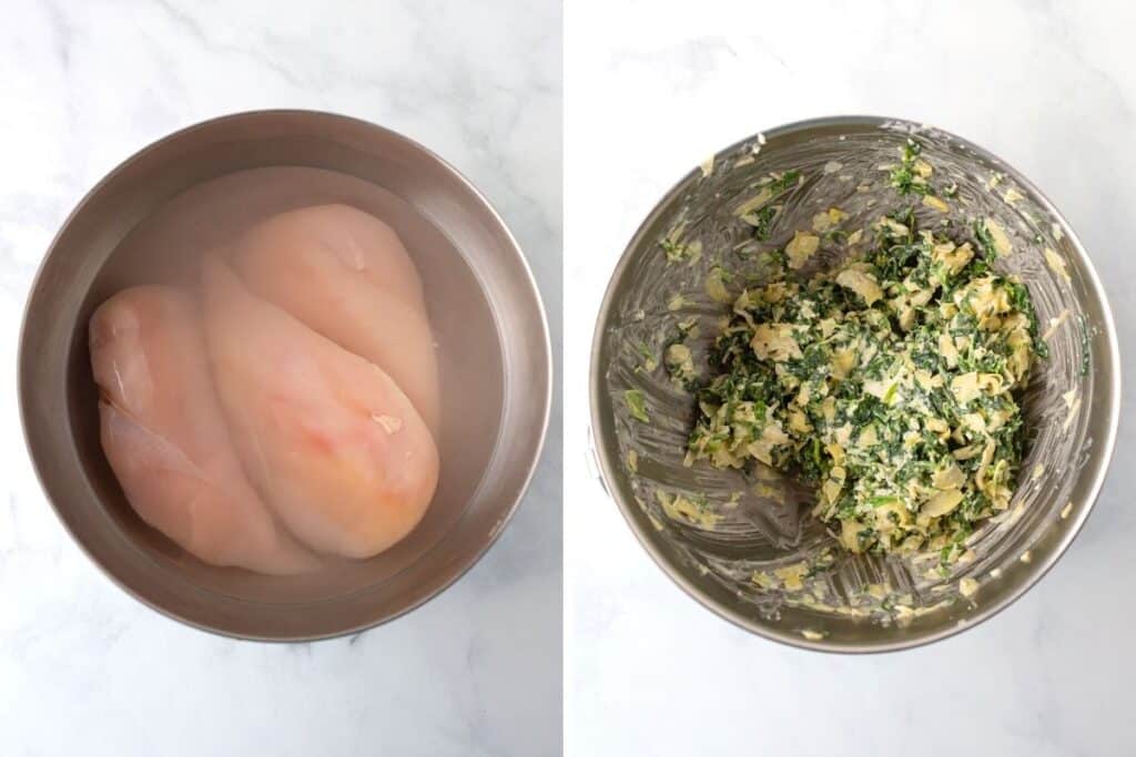 A collage of two images showing how to brine chicken breast and prepare keto stuffing.
