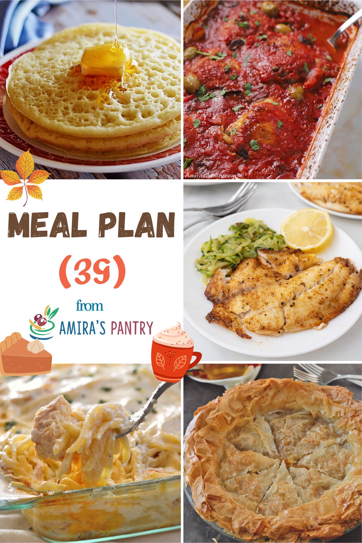 A collage of this week's meal plan with text over lay.