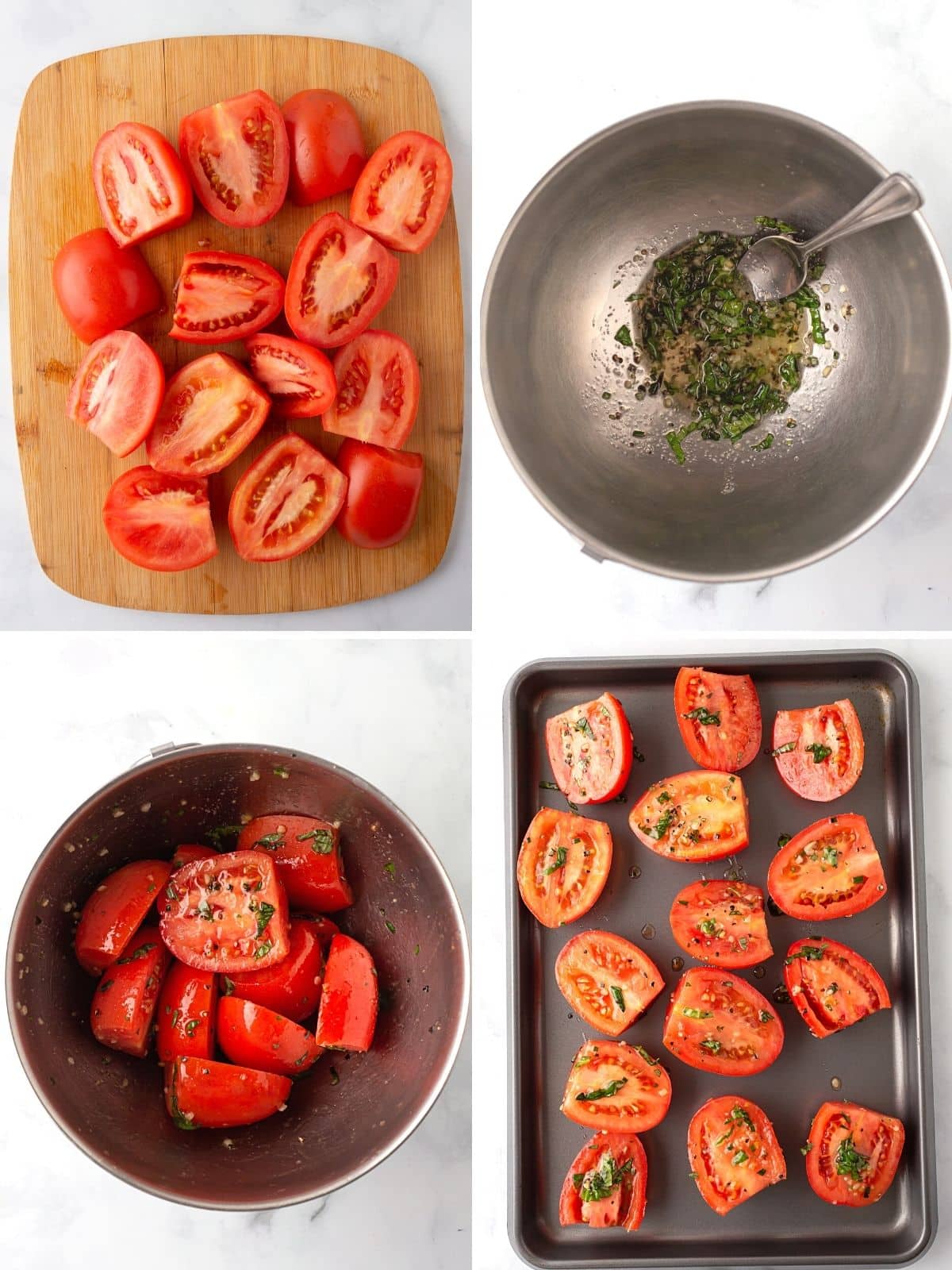 A collage of 4 images showing how to make roasted tomatoes.