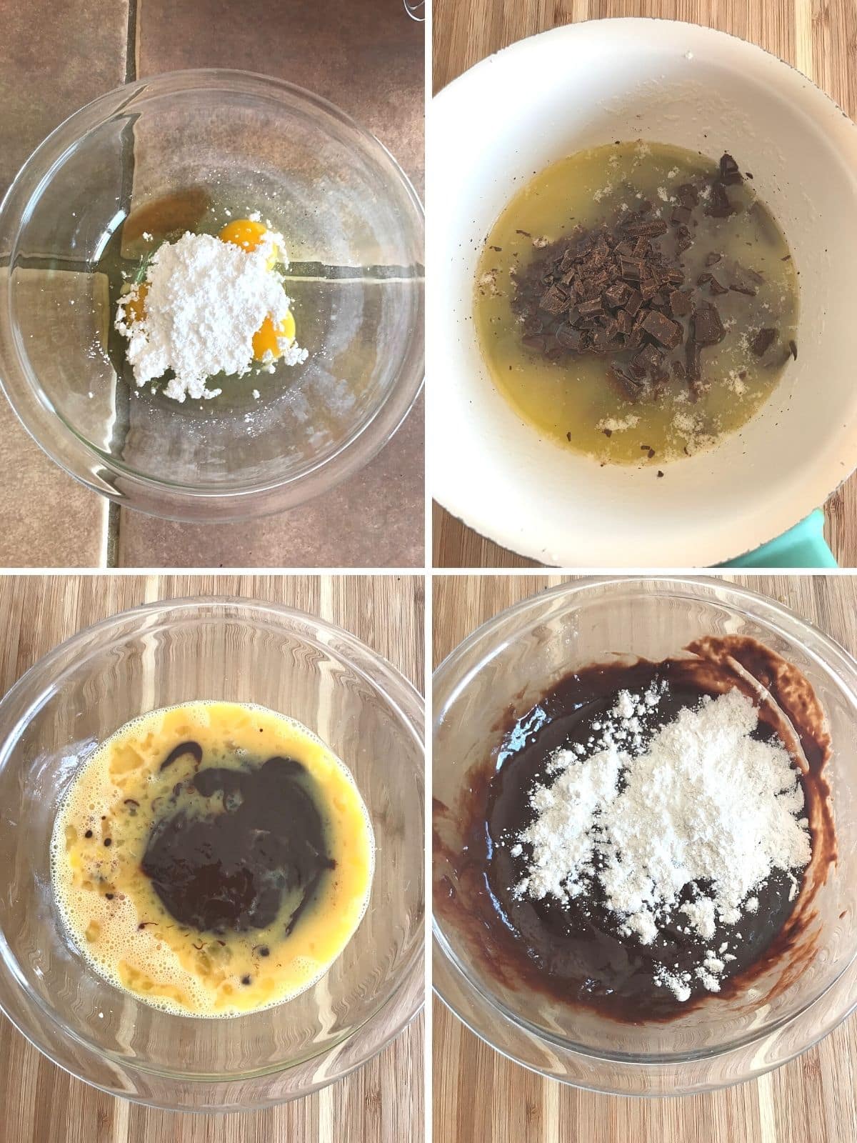 A collage of 4 images showing how to prepare batter for lava cakes.