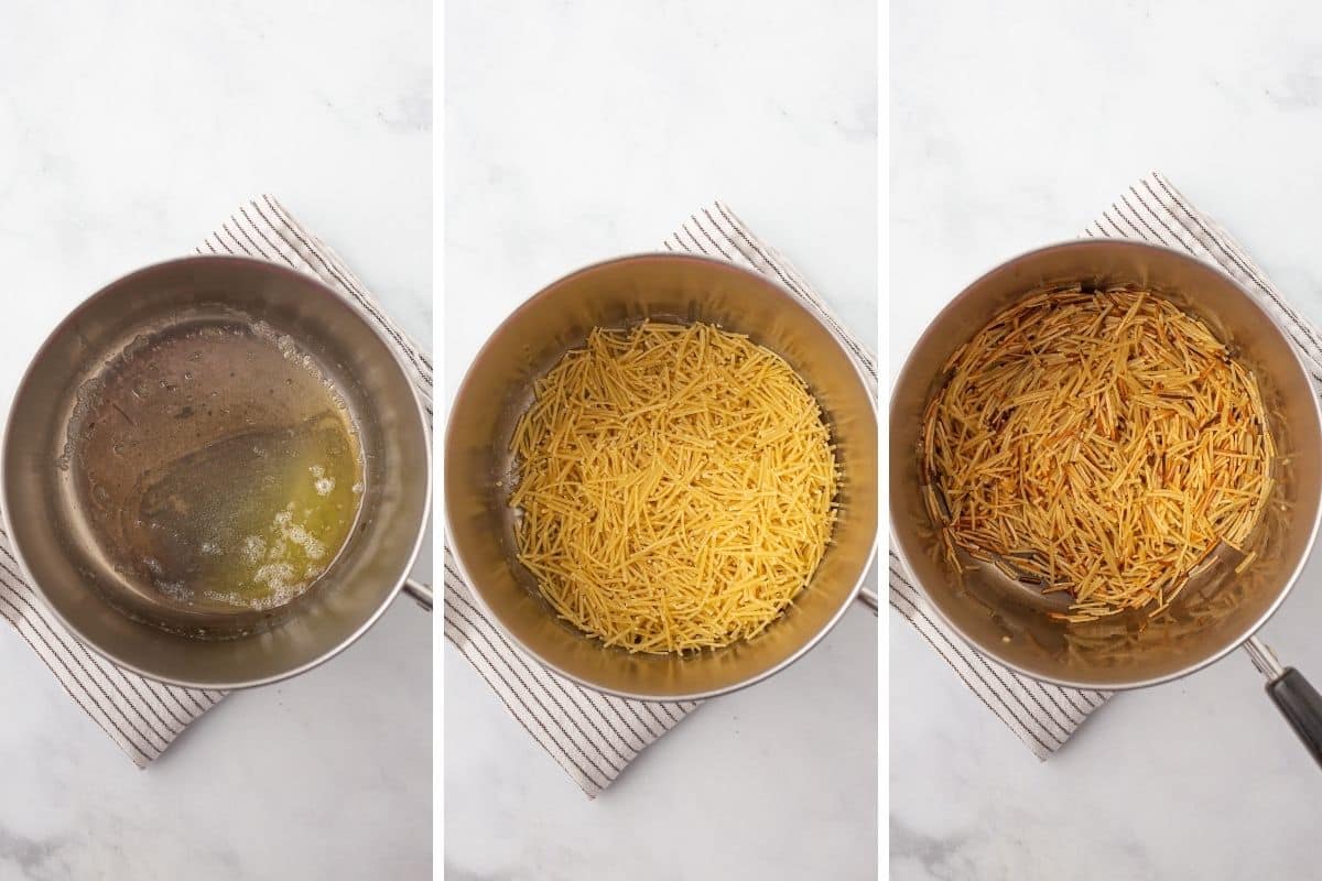 A collage showing how to brown vermicelli.