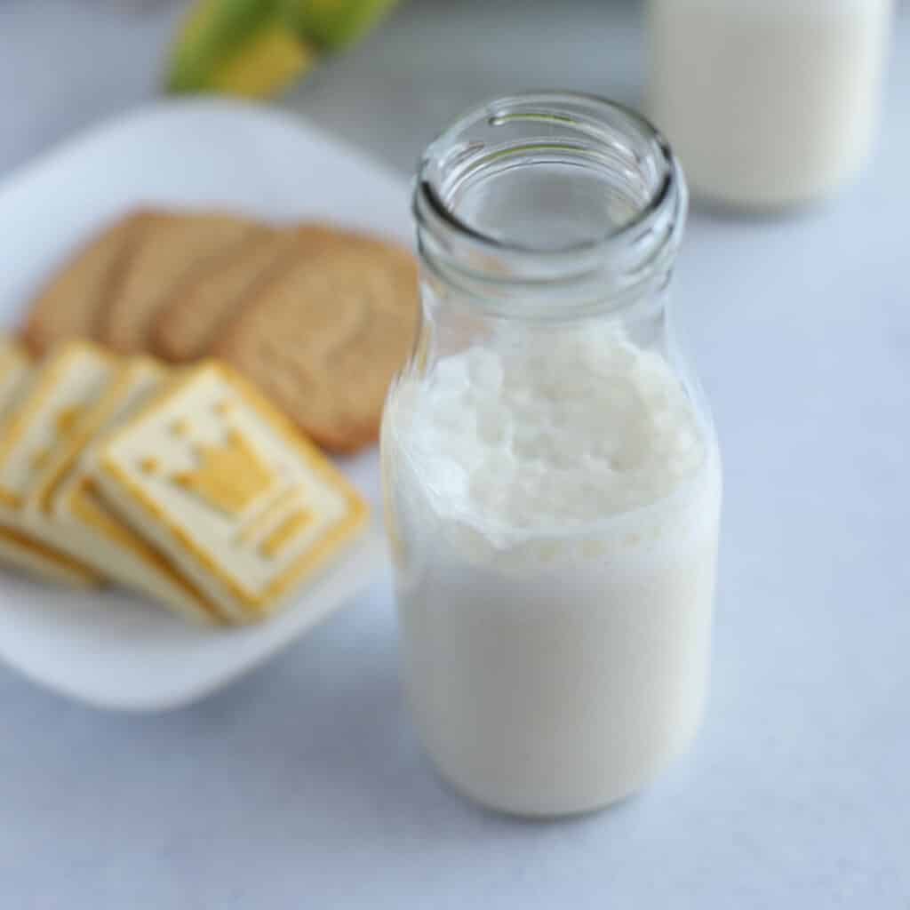 A bottle of banana milk with cookies and bananas on the background.