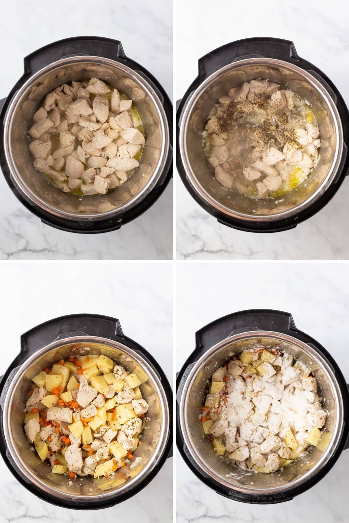 A collage of 4 images showing how to start making potato soup in the instant pot.