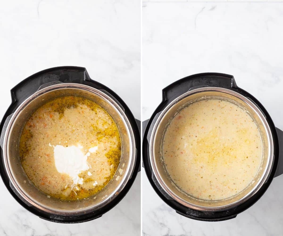 A collage of two images showing how to finish off potato soup in the instant pot.