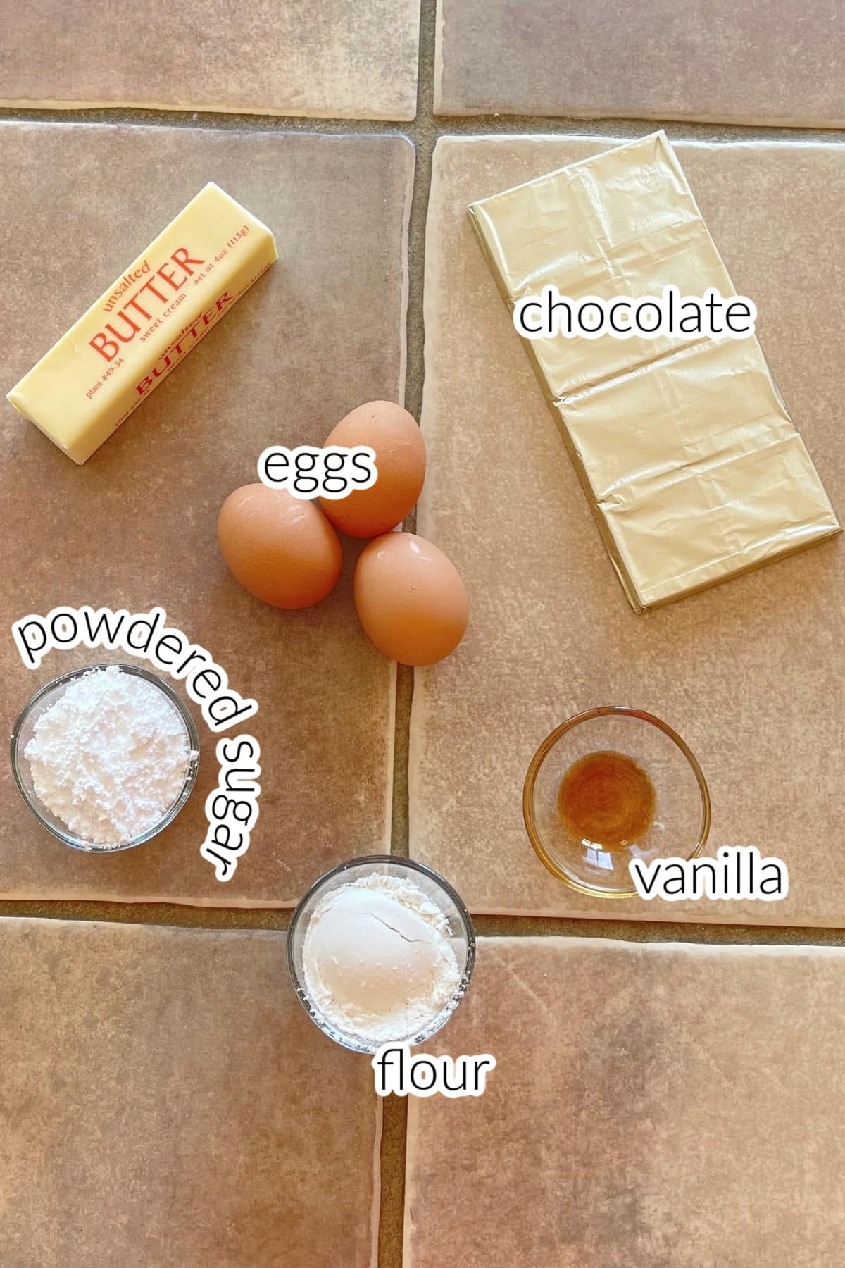 Recipe ingredients on a tile surface.