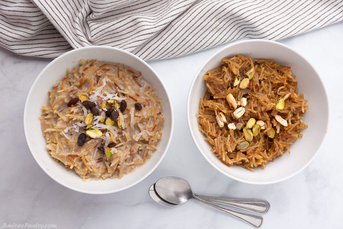 Two bowls of Seviya one with milk and the other without.