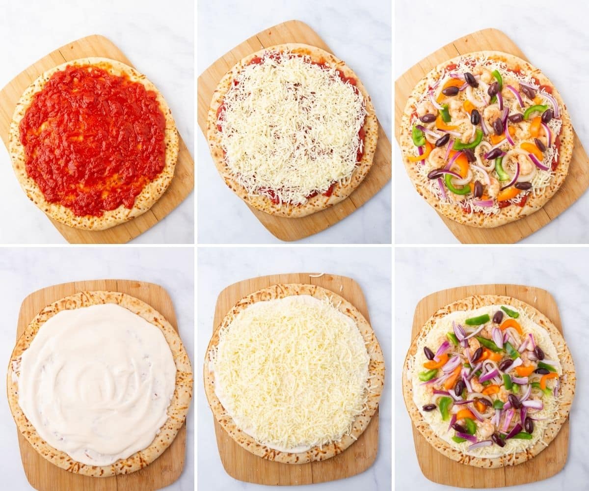 A collage of images showing how to assemble seafood pizza.