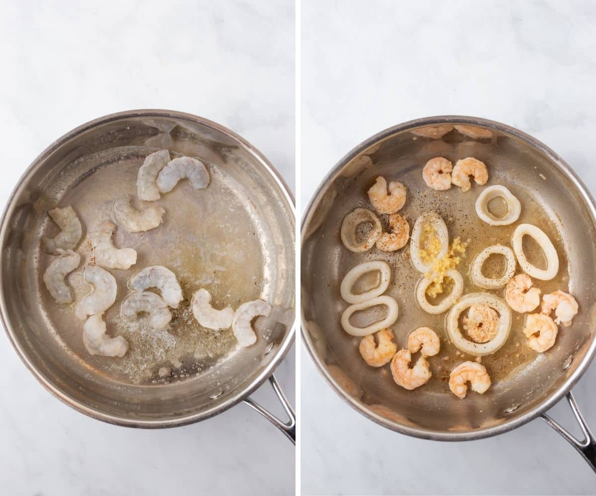 A collage of two images showing how to prepare seafood pizza topping.