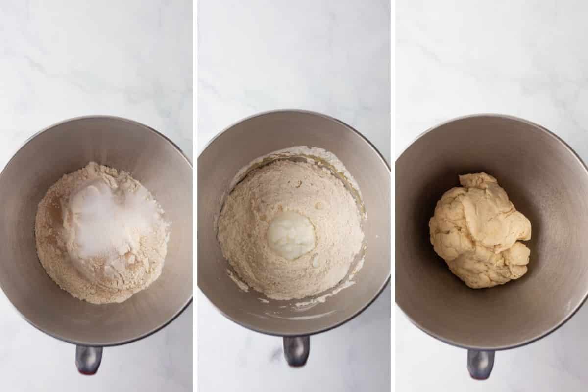 A collage of 3 images showing how to make fatayer dough.