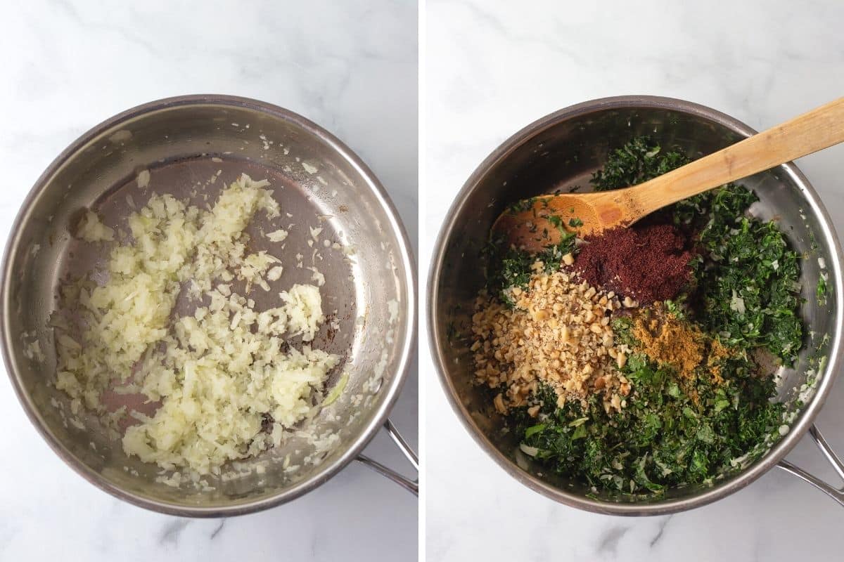 A collage of two images showing how to make spinach filling for fatayer.
