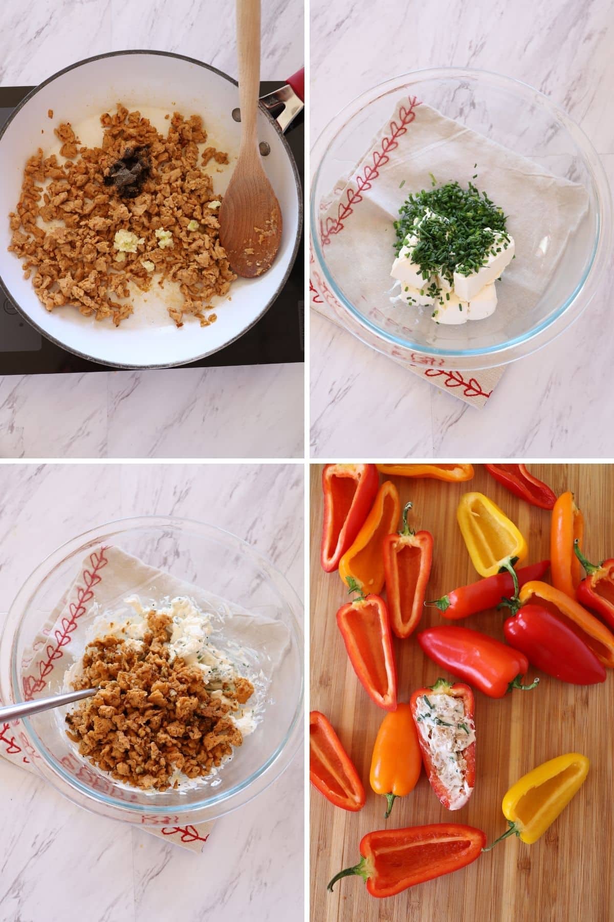 A collage of 4 images showing how to make stuffed mini peppers.