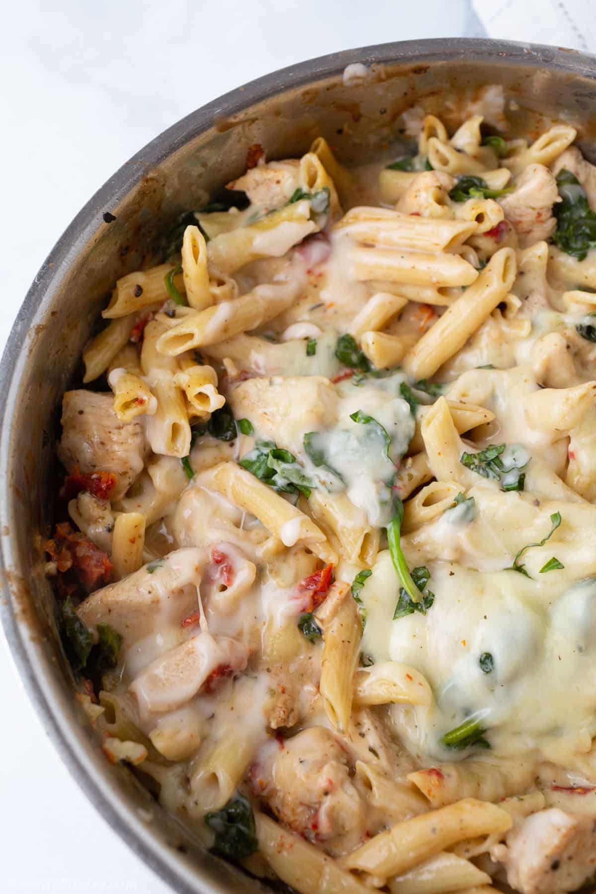A top view of a skillet with creamy pasta.