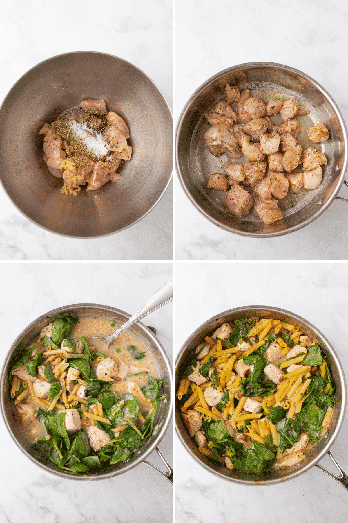 A collage of four steps showing how to make tuscan chicken pasta.
