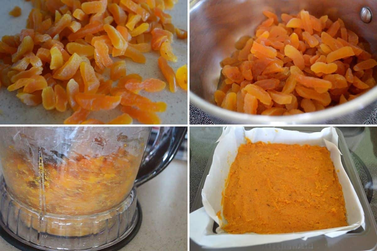 A collage of 4 images showing how to make apricot paste.