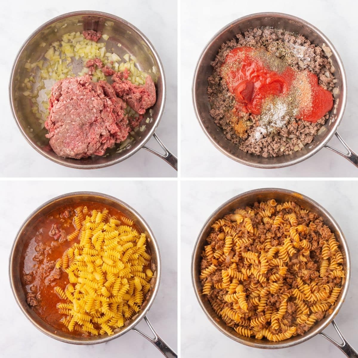 A step by step images showing how to brown beef and cook pasta.