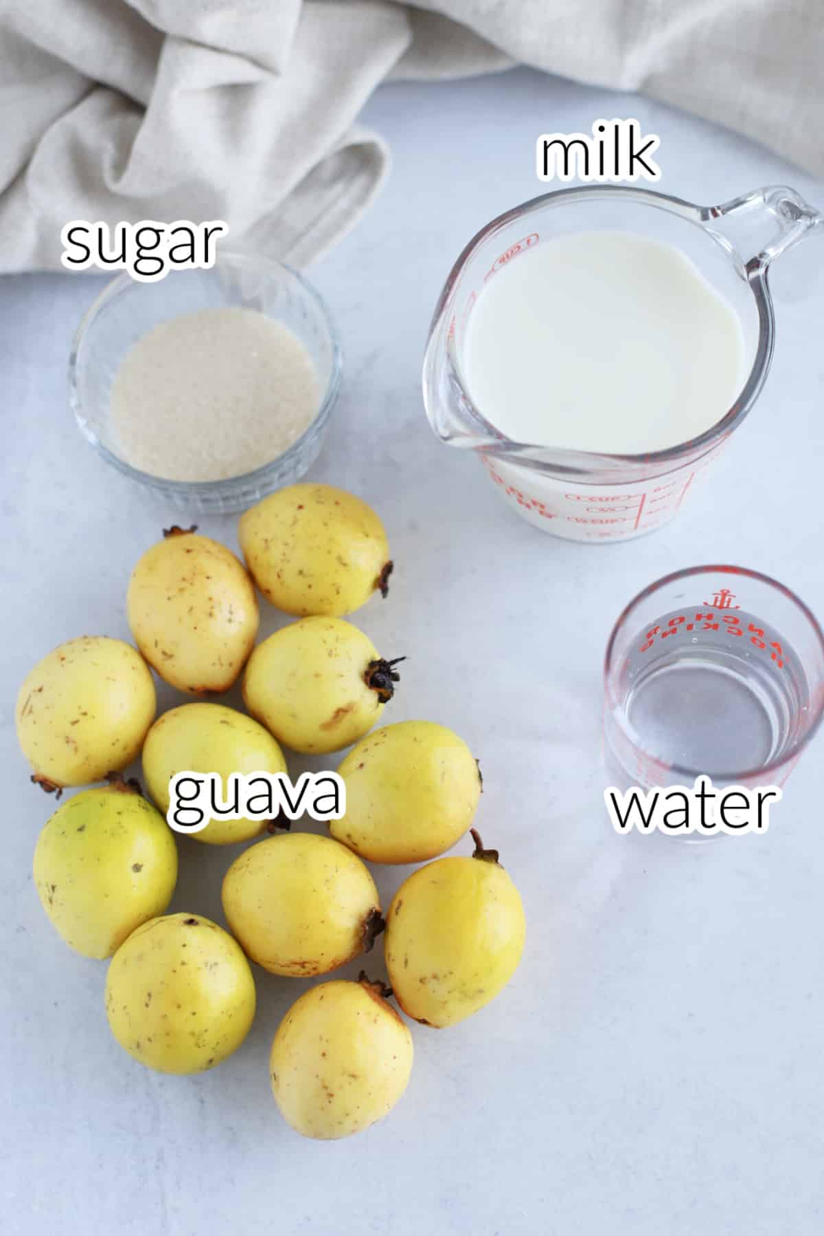 Guava juice ingredients on a white surface.