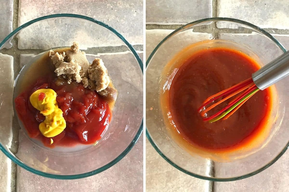 A collage of two images showing how to make meatloaf glaze.