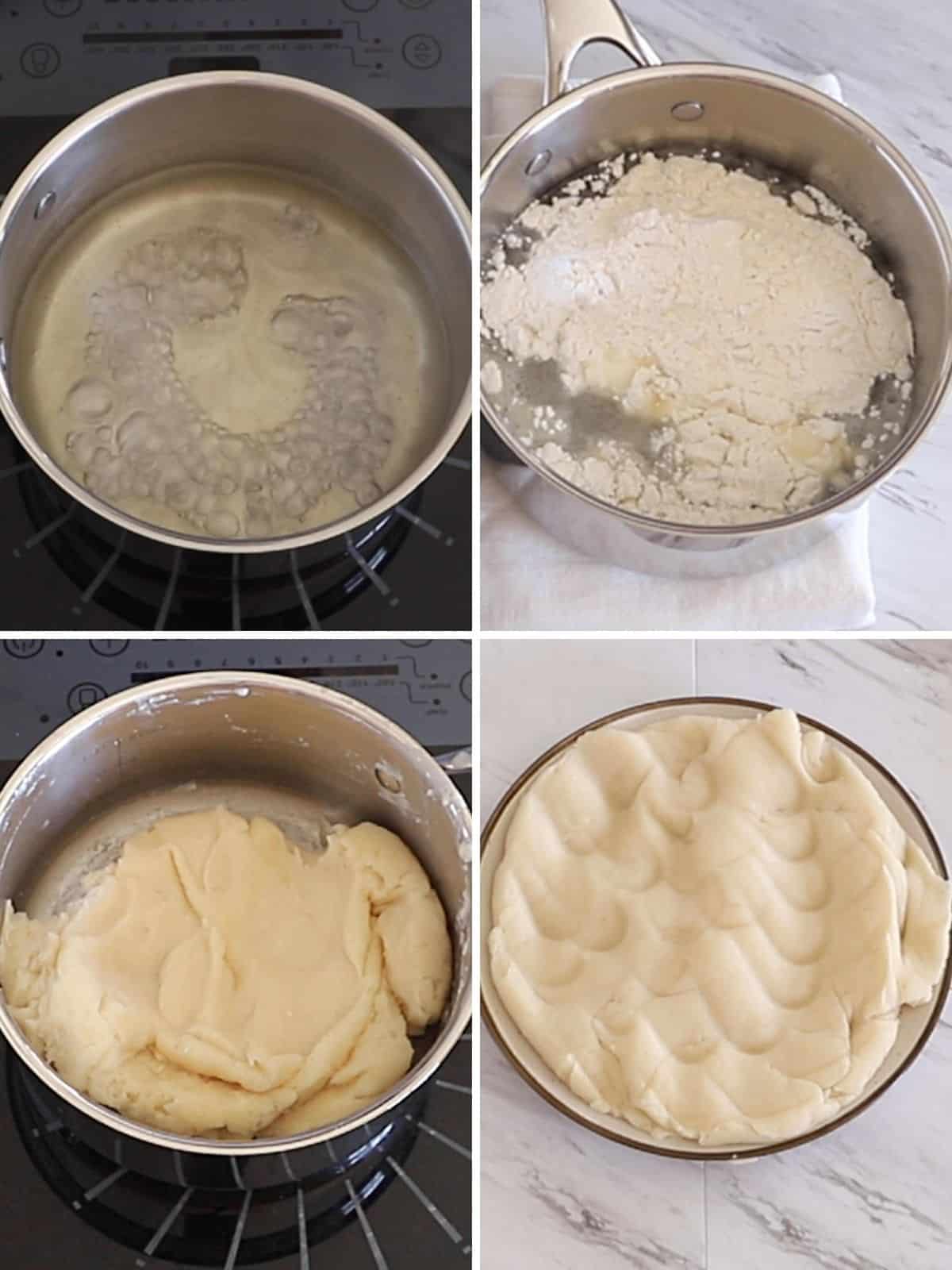 A collage of four images showing how to start making tulumba batter.