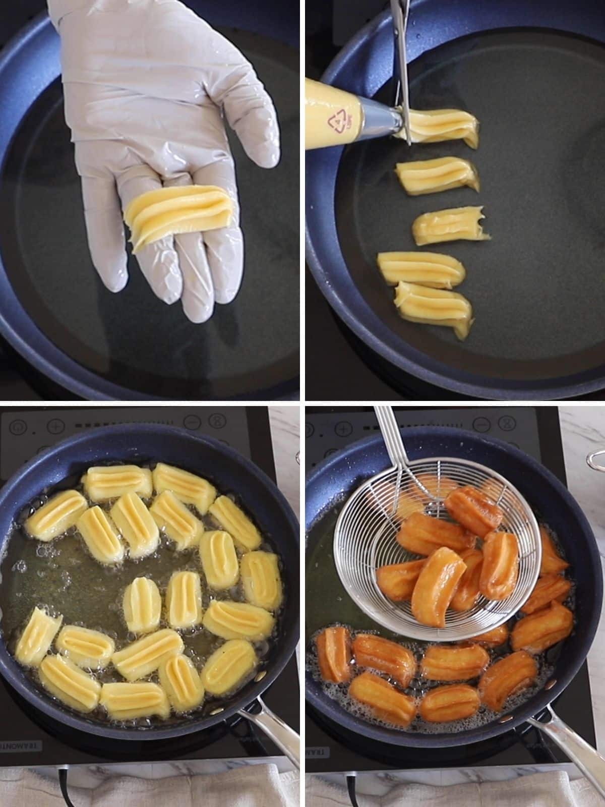 A collage of four images showing how to fry tulumba.