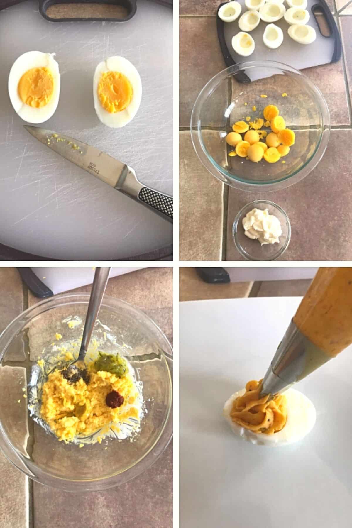 A step by step collage showing how to make deviled eggs.