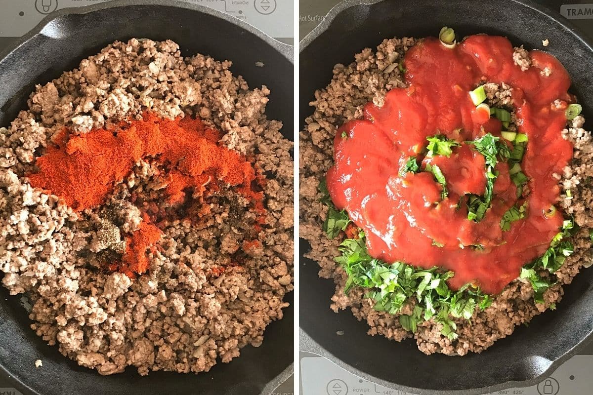 A collage of two images showing how to make ground beef filling for the empanada.