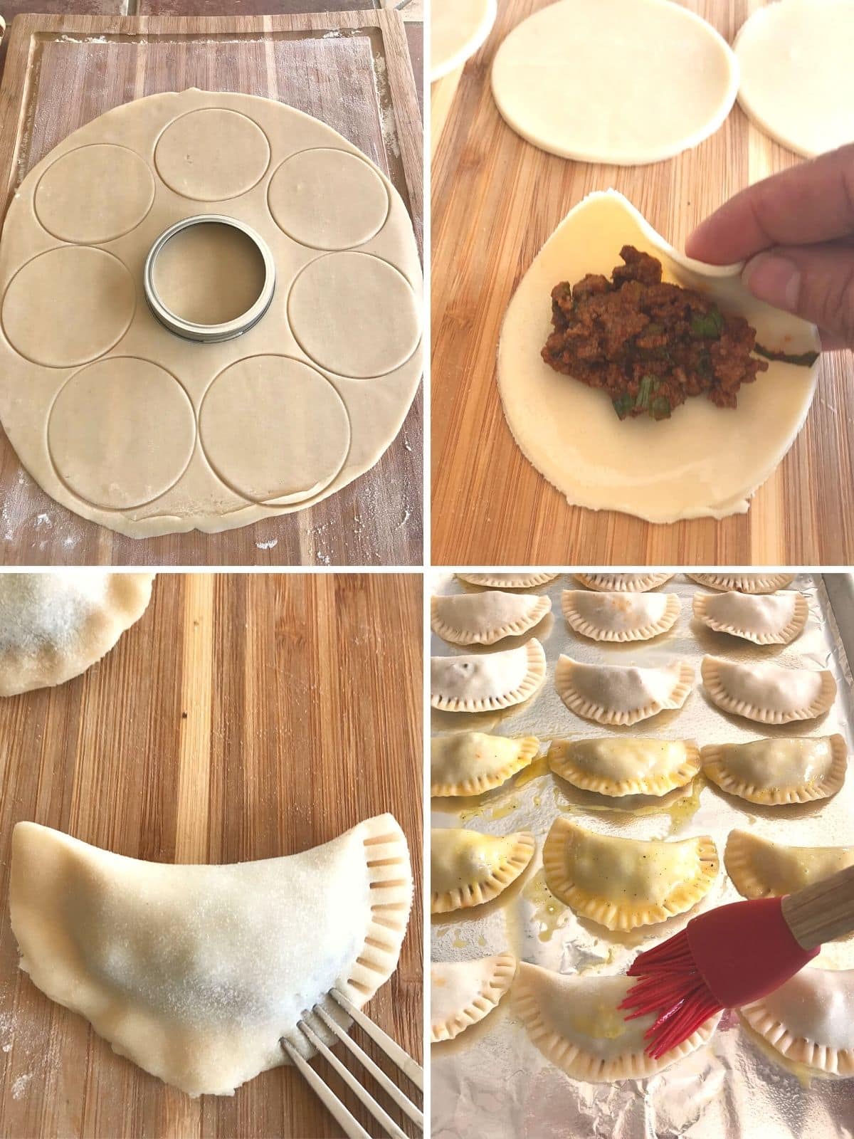 A collage of four images showing how to fill and bake the beef empanadas.