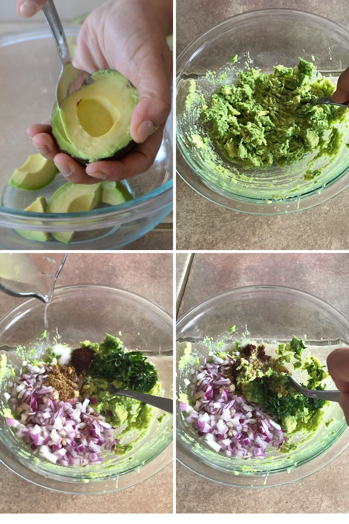A collage of 4 images showing how to prepare guacamole.
