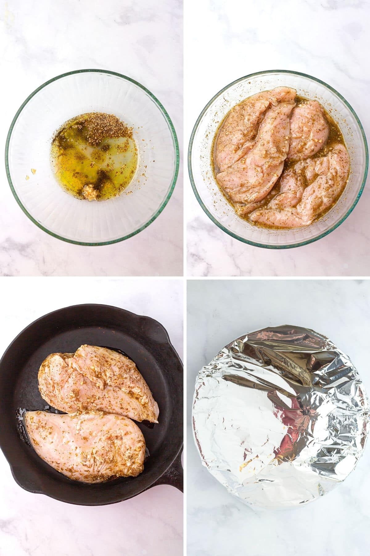 A collage of four images showing how to make oregano chicken.