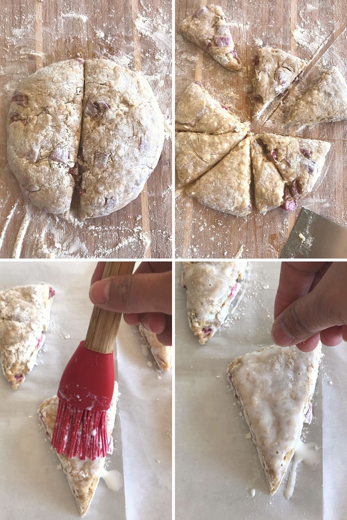 A collage of 4 images showing how to shape rhubarb scones.