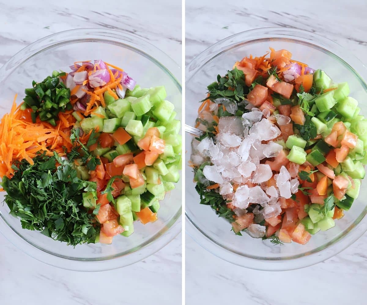 A collage of two images showing how to assemble the salad.