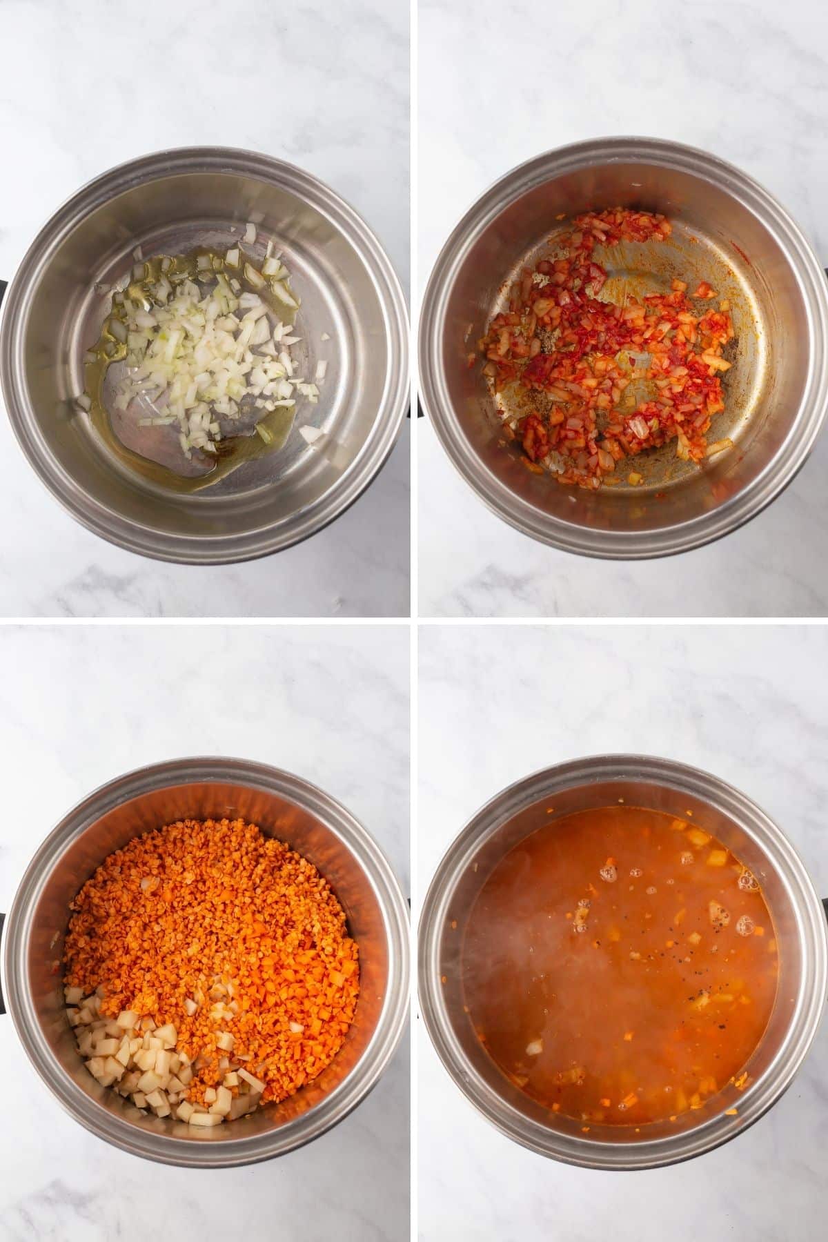 A collage of four images showing how to make lentil soup.