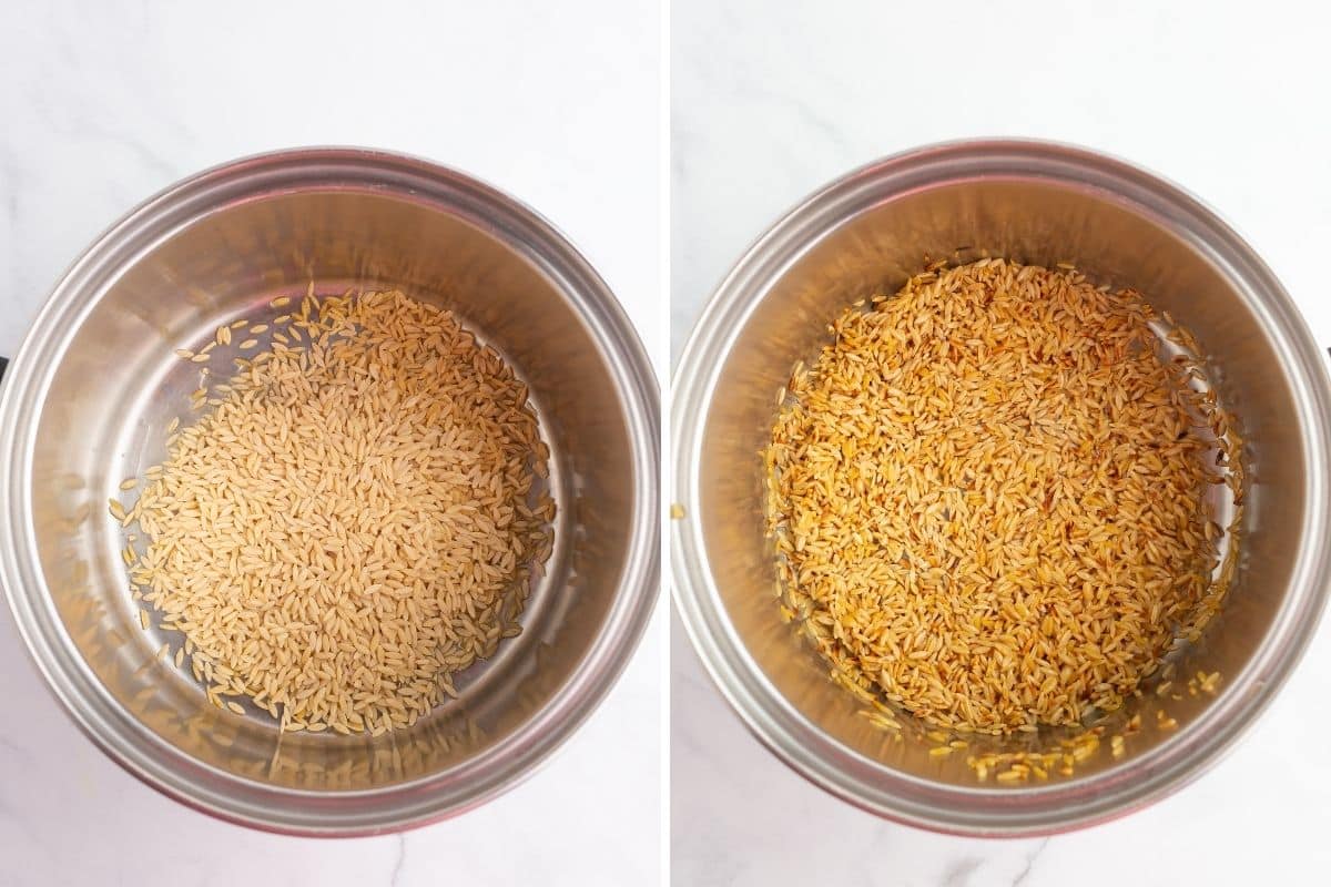 A collage of two images showing how to roast orzo.