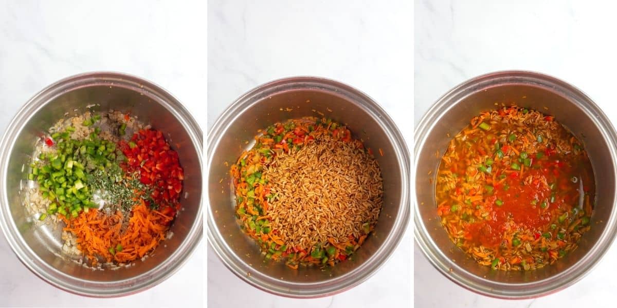 A collage of three images showing how to cook vegetarian orzo.